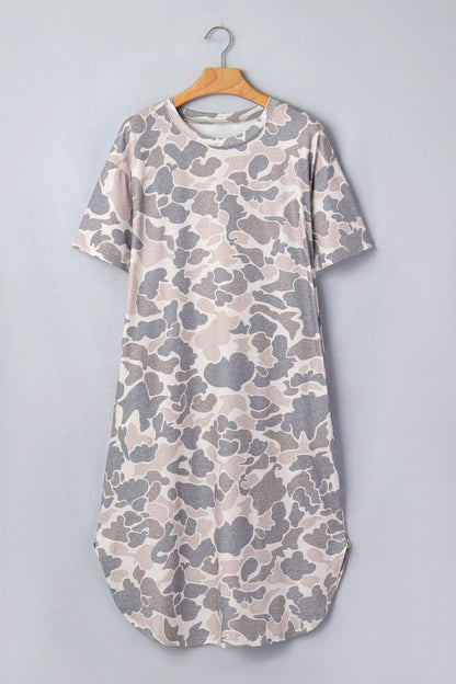 Multicolour Camouflage Print Short Sleeve Drop Shoulder Side Slit Casual Dress