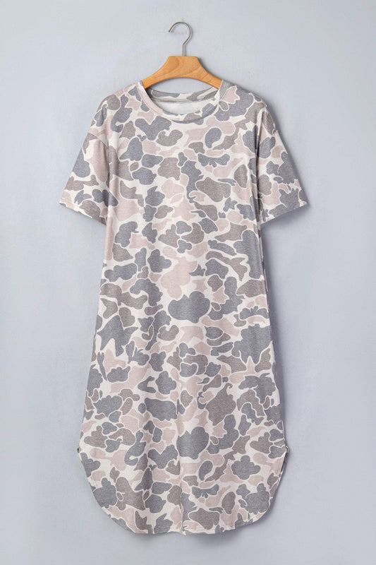Multicolour Camouflage Print Short Sleeve Drop Shoulder Side Slit Casual Dress
