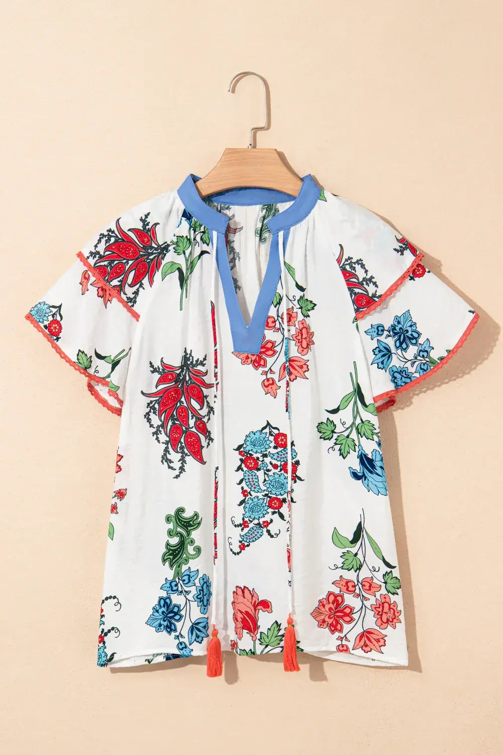 White Floral Print Contrast V Neck Tassel Tie Lace Detail Short Sleeve Blouse