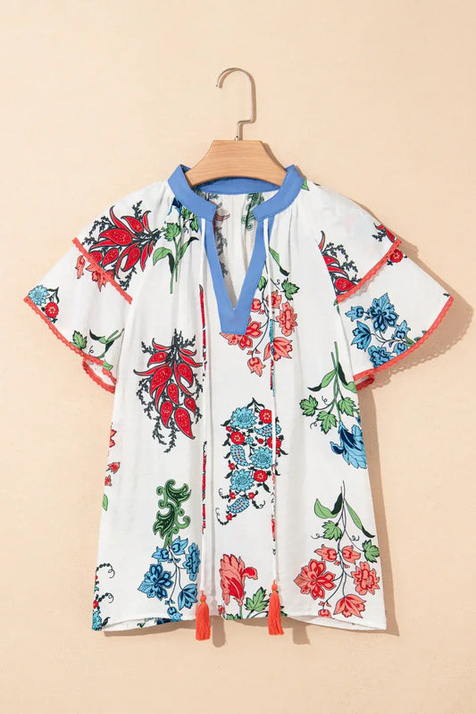White Floral Print Contrast V Neck Tassel Tie Lace Detail Short Sleeve Blouse