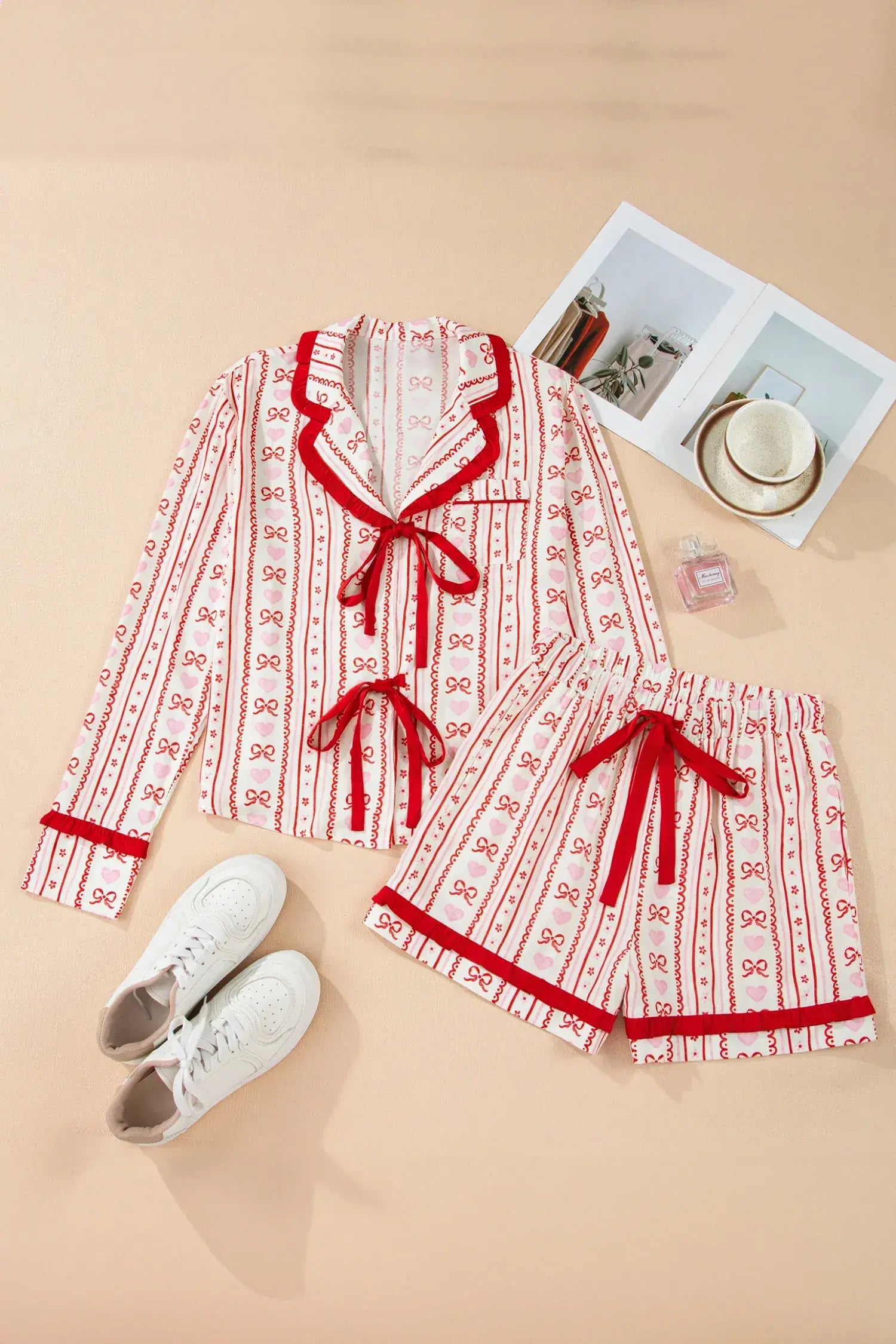 Red Sweet Floral Heart Bow Print Contrast Trim Long Sleeve Shirt Pajama Short Set - Sweet Fashion Wholesale