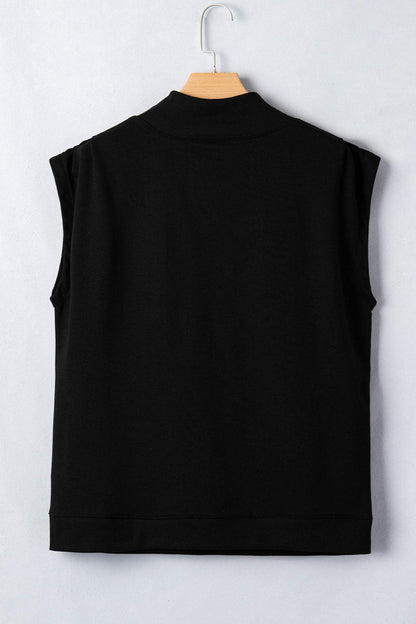 Sky Blue Solid Color High Neck Cap Sleeve Loose Top