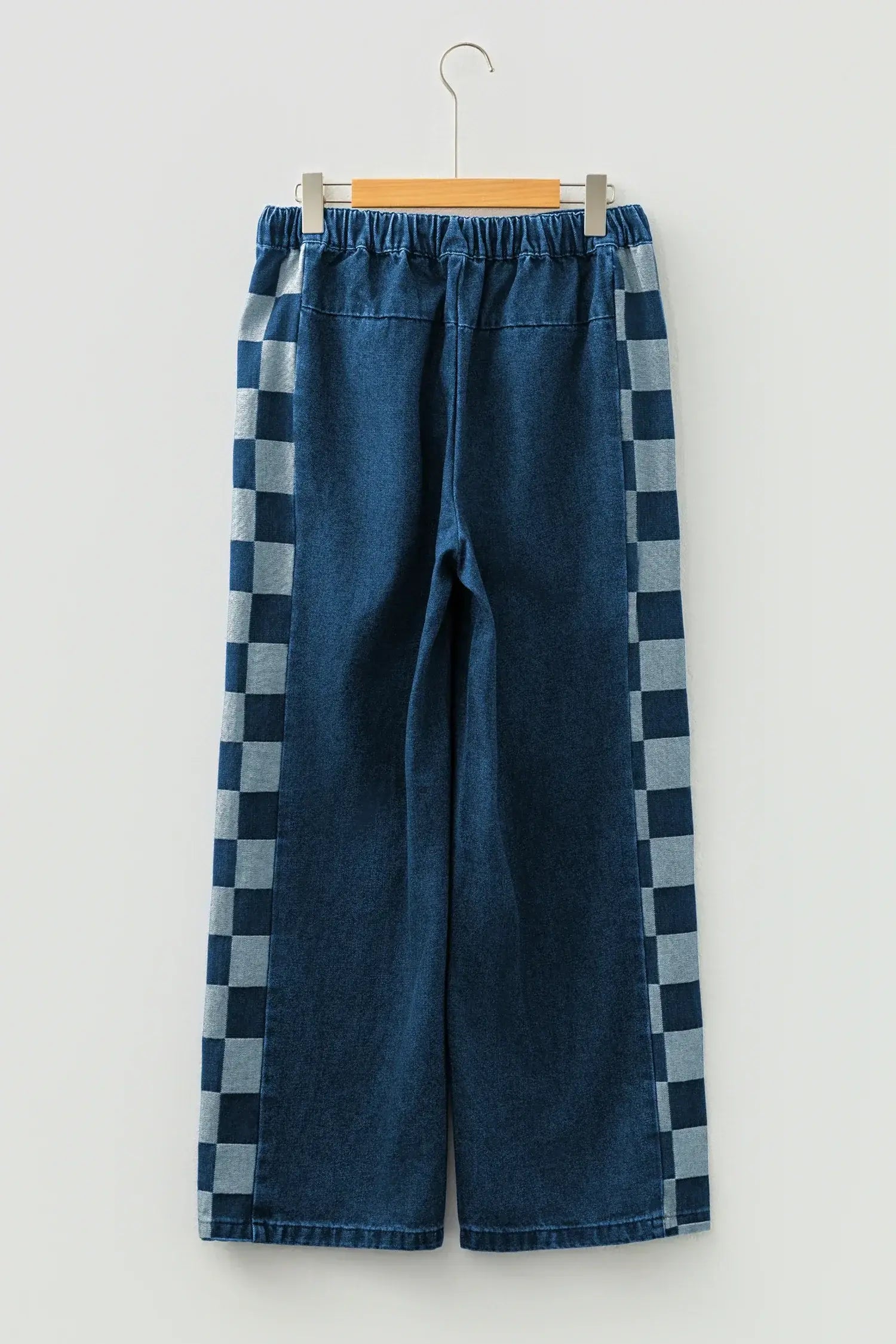 Sail Blue Checkered Side Panel Patchwork Drawstring Loose Denim Pants - Sweet Fashion Wholesale