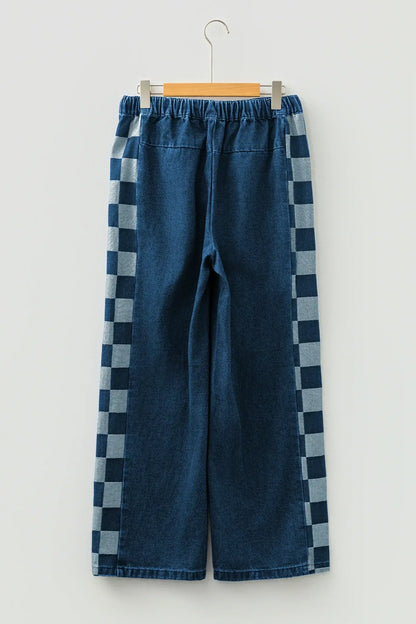 Sail Blue Checkered Side Panel Patchwork Drawstring Loose Denim Pants - Sweet Fashion Wholesale