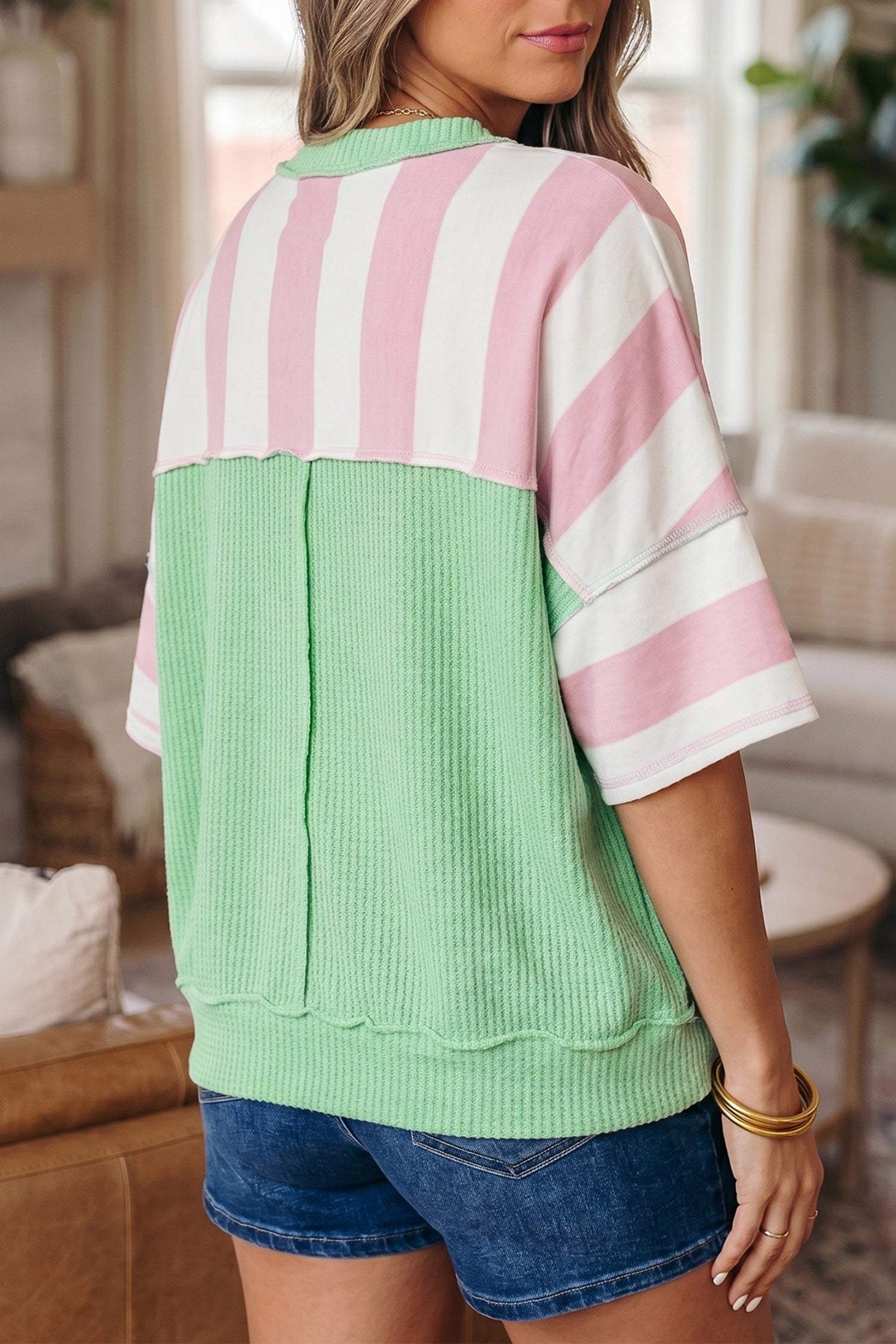 Green Stripe Exposed Seam Ribbed Patchwork Oversized Tee