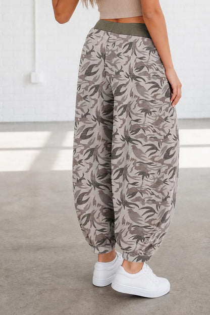 Khaki Drawstring Contrast Waistband Camouflage Cargo Barrel Pants