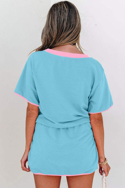 Apricot Colorblock Edge Drop Shoulder T Shirt and Skort 2Pcs Set