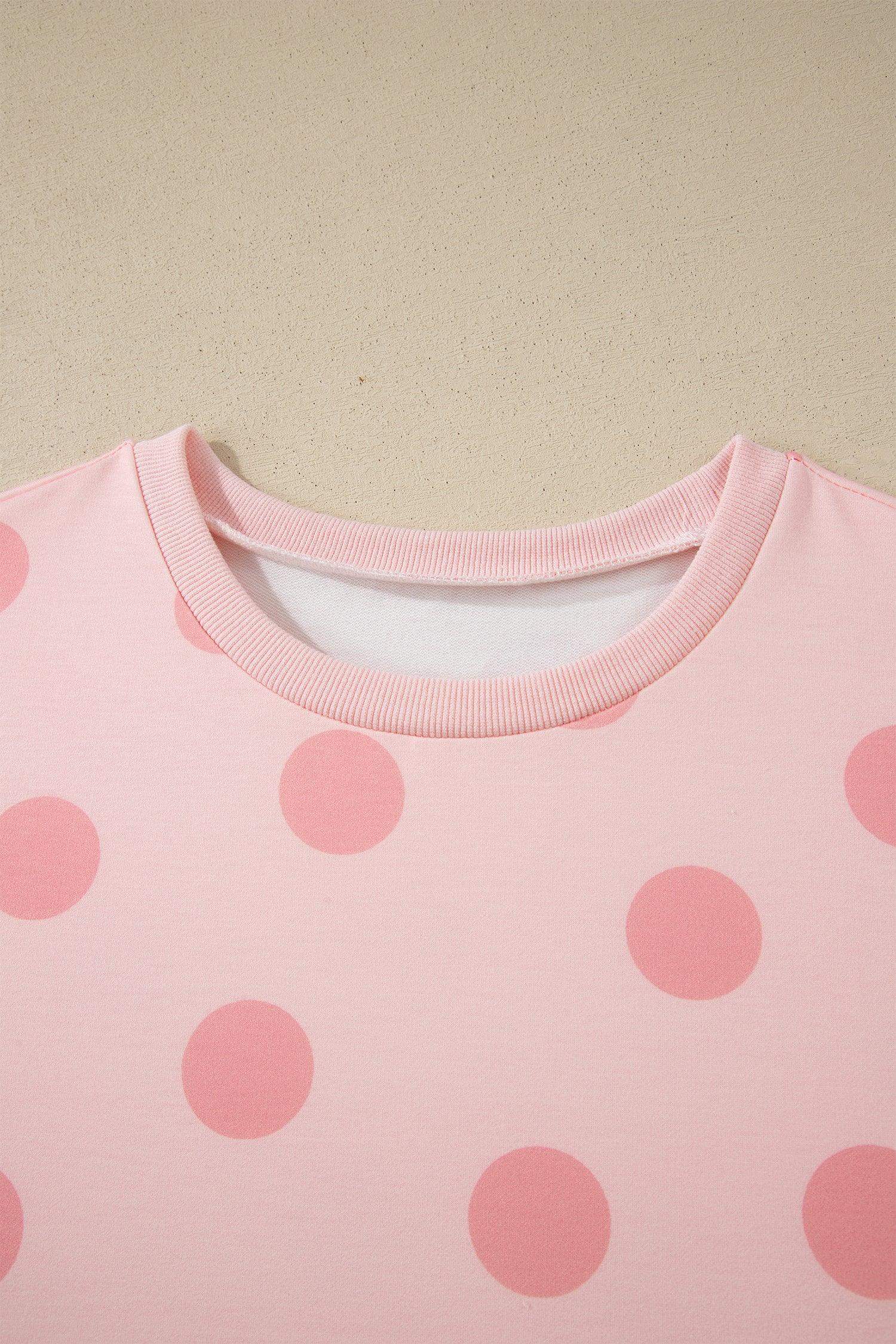 Pink Polka Dot Print Loose Tee Drawstring Elastic Waist Short Set - Sweet Fashion Wholesale