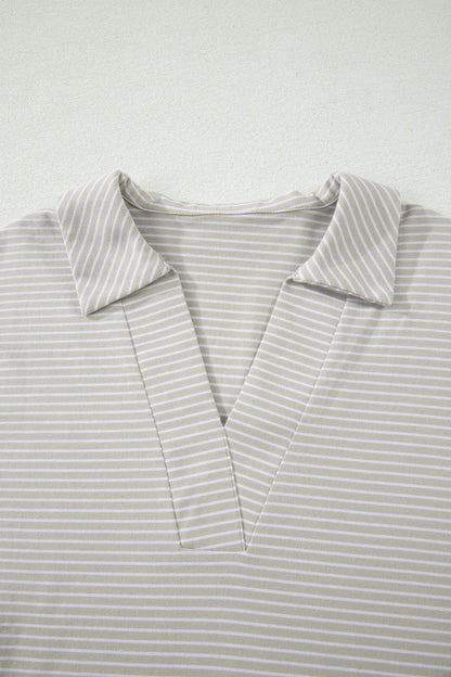 Khaki Stripe Dolman Sleeve Polo Shirt and Drawstring Shorts Set