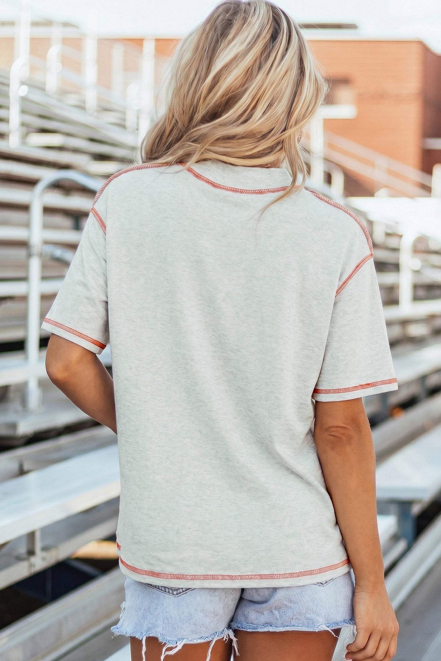 Light Grey Sequin Rugby Football Pattern Contrast Stitched T Shirt
