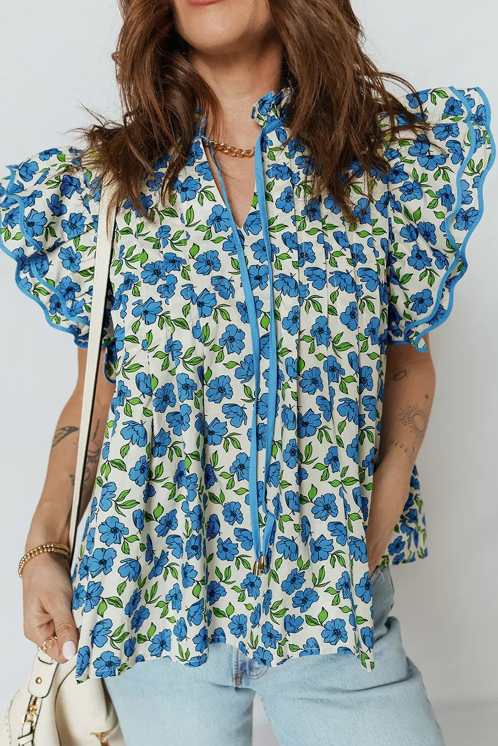 Sky Blue Tiered Flutter Sleeve Pleated Flower Blouse - Sweet Fashion Wholesale