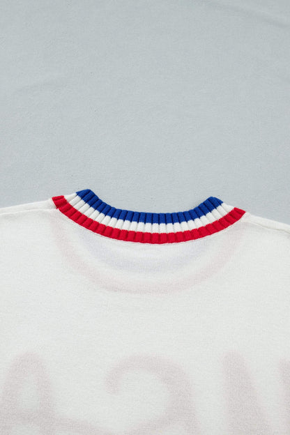 White USA Contrast Striped Trim Round Neck Short Sleeve Sweater