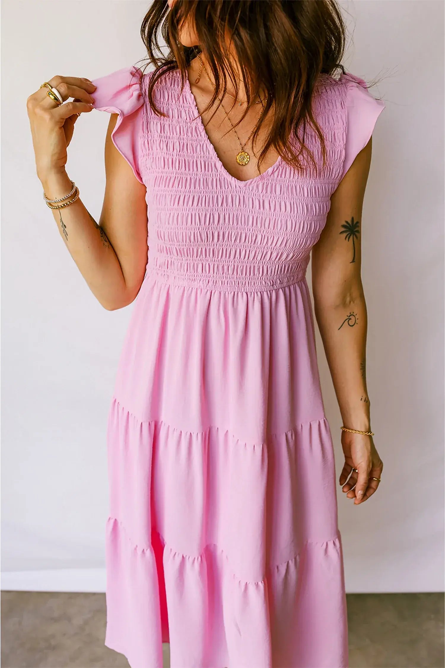 Pink Smocked Bodice Flutter Sleeve Fit Flare Tiered Midi Dress - Sweet Fashion Wholesale