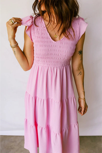Pink Smocked Bodice Flutter Sleeve Fit Flare Tiered Midi Dress - Sweet Fashion Wholesale
