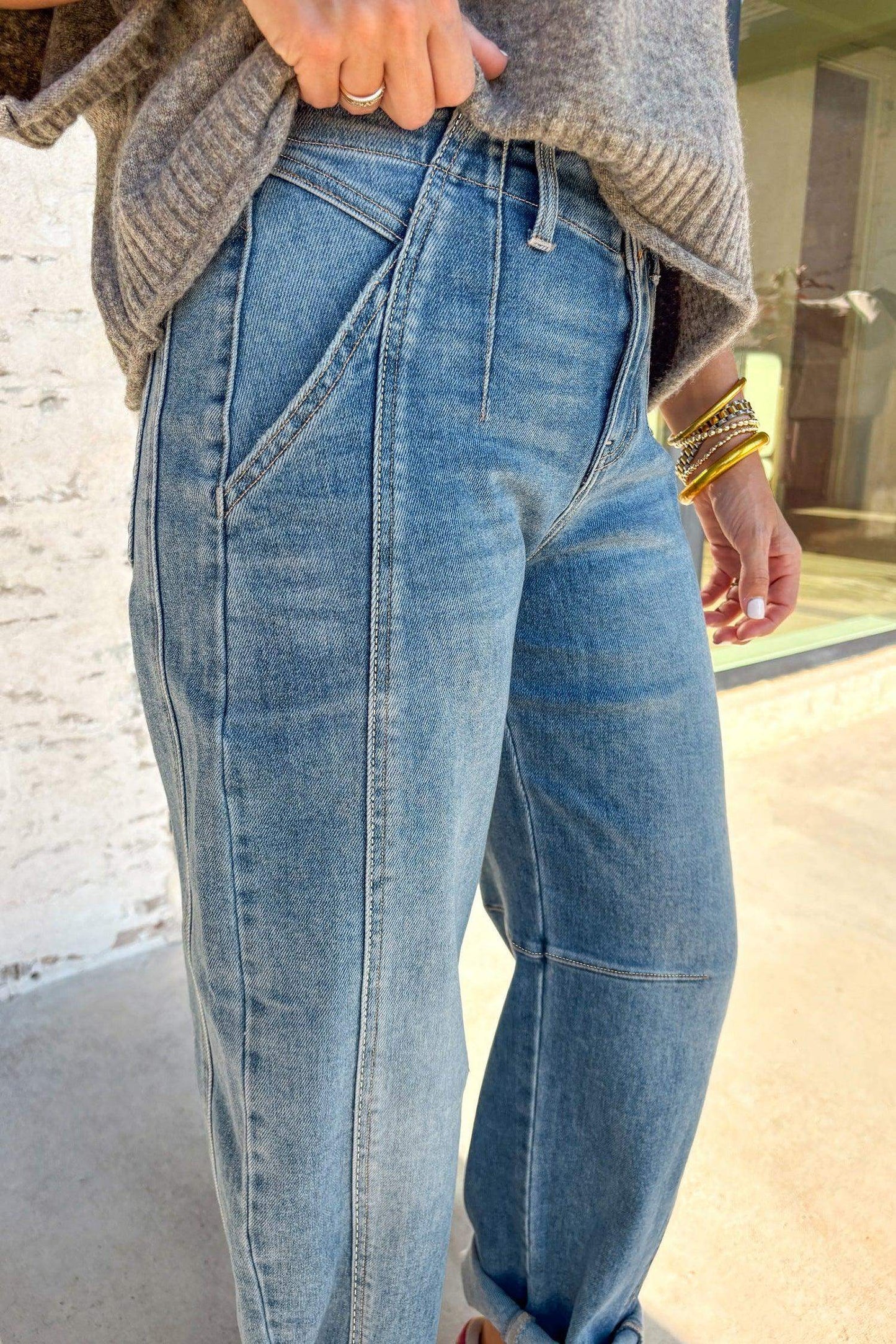 Sky Blue Medium Wash Cuffed Barrel Jeans - Sweet Fashion Wholesale