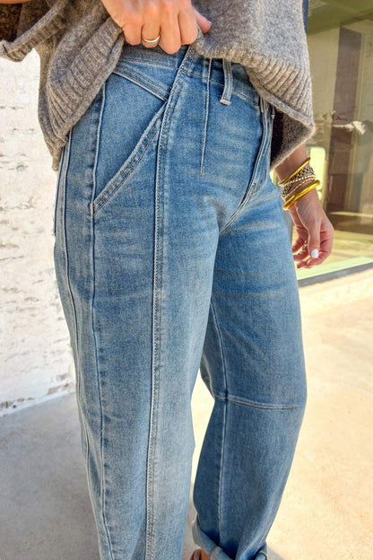 Sky Blue Medium Wash Cuffed Barrel Jeans - Sweet Fashion Wholesale