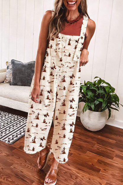 Beige Western Printed Button Adjustable Straps Loose Jumpsuit Dungarees