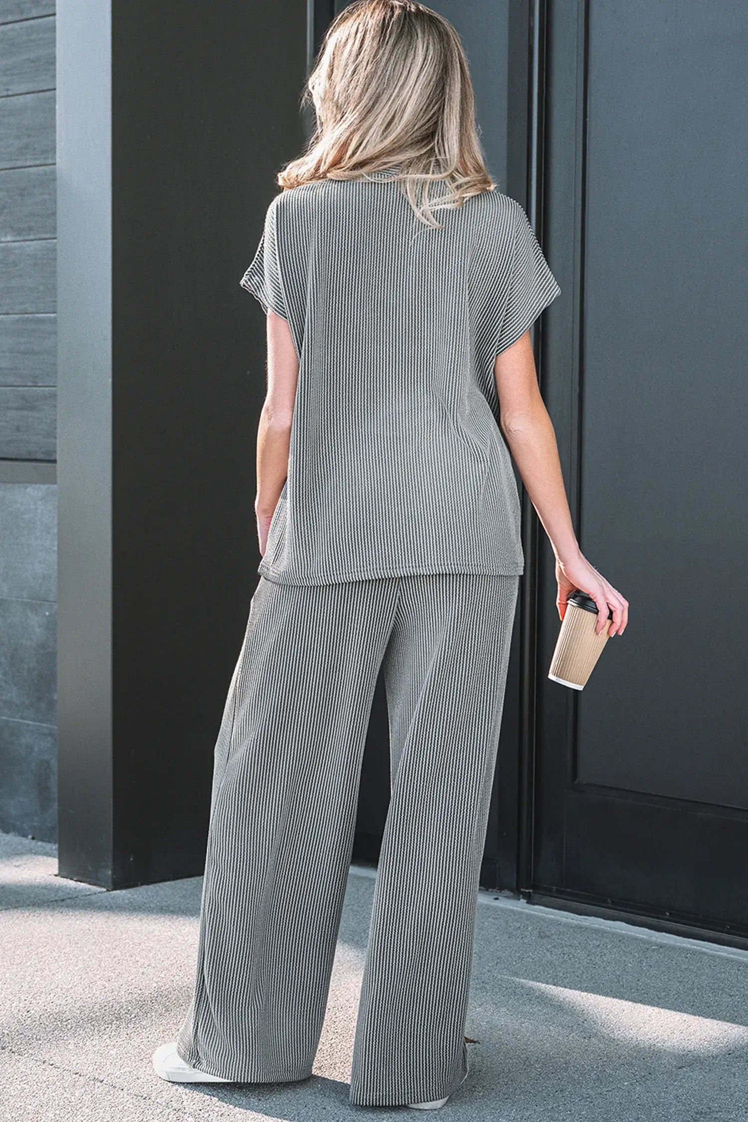 Dark Grey Twisted Ribbed High Neck Loose Tee Elastic High Waist Loose Pant Set - Sweet Fashion Wholesale