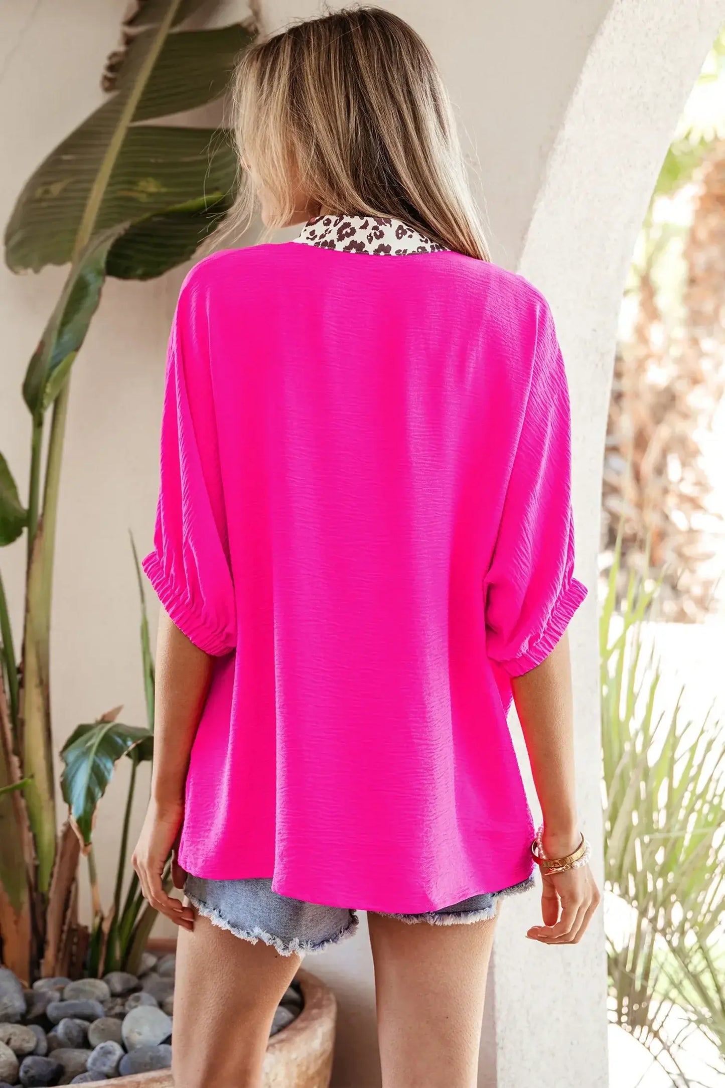 Black Dolman Half Sleeve Leopard Patchwork Trim V Neck Blouse - Sweet Fashion Wholesale