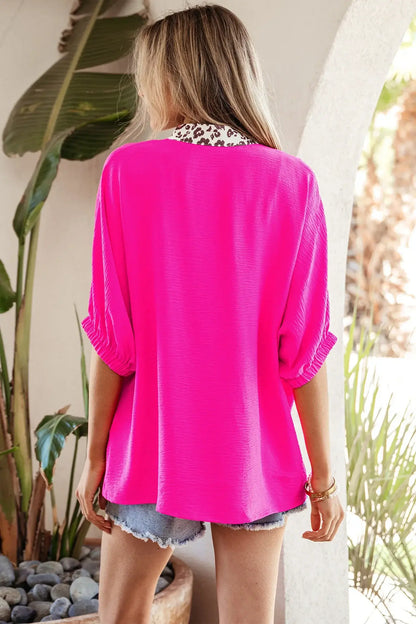 Black Dolman Half Sleeve Leopard Patchwork Trim V Neck Blouse - Sweet Fashion Wholesale