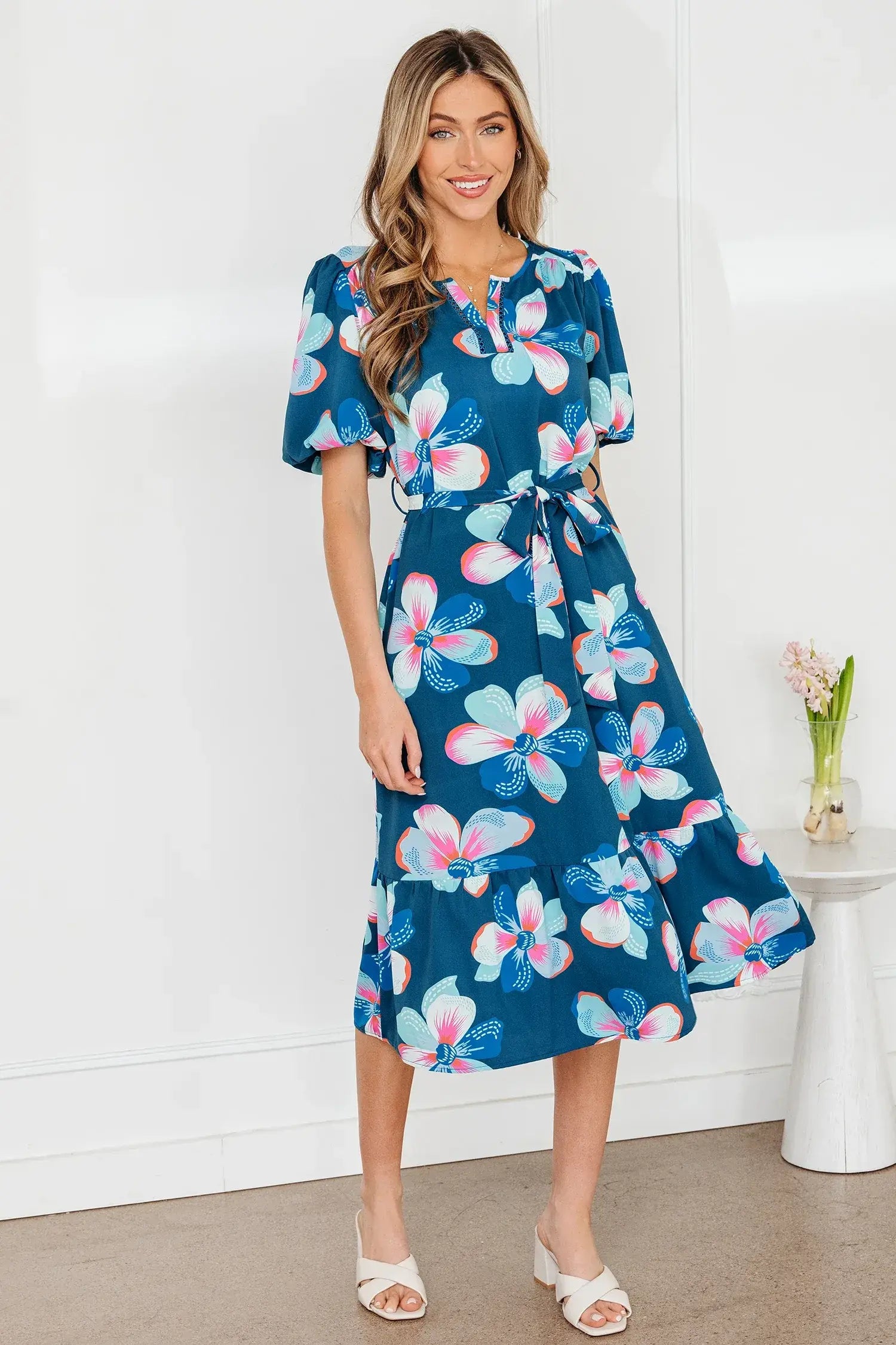 Blue Floral Print Short Puff Sleeve Ruffle Hem Belted Long Dress - Sweet Fashion Wholesale
