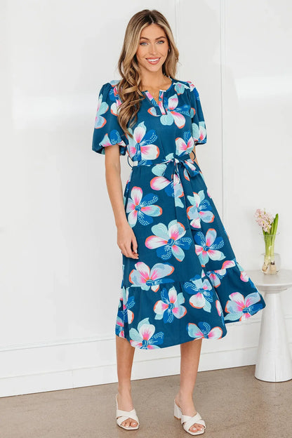 Blue Floral Print Short Puff Sleeve Ruffle Hem Belted Long Dress - Sweet Fashion Wholesale