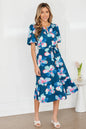 Blue Floral Print Short Puff Sleeve Ruffle Hem Belted Long Dress - Sweet Fashion Wholesale