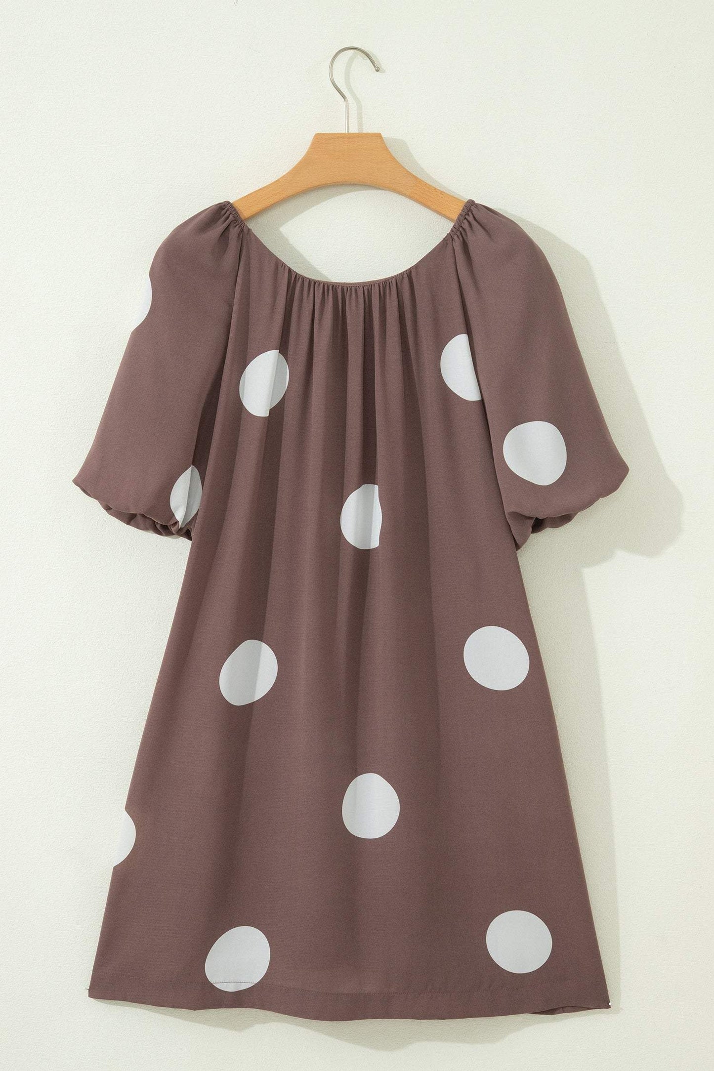 Brown Polka Dot Print Knot Back Short Puff Sleeve Loose Mini Dress