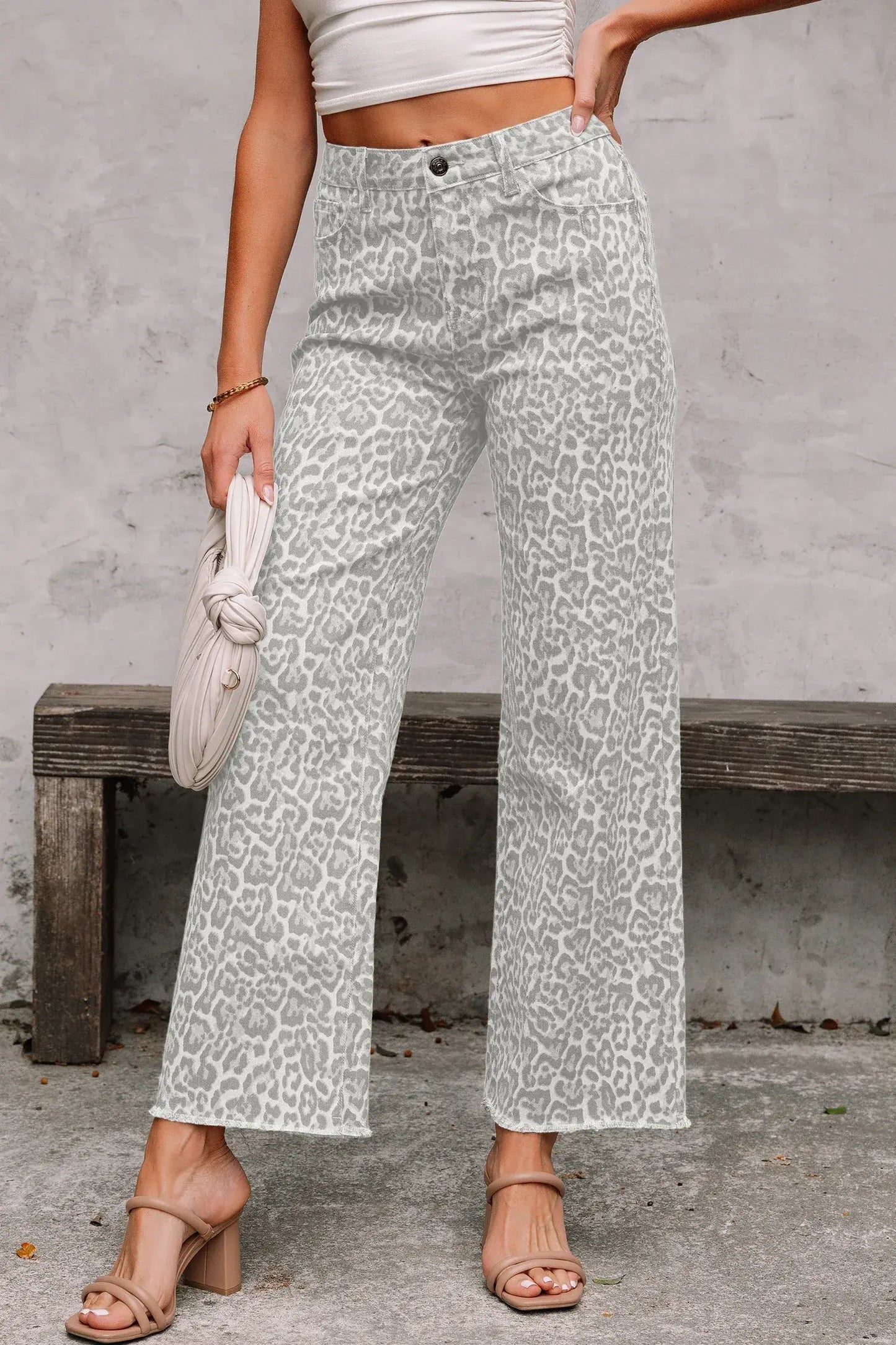 Gray Leopard Frayed Edge Wide Leg High Waist Jeans - Sweet Fashion Wholesale