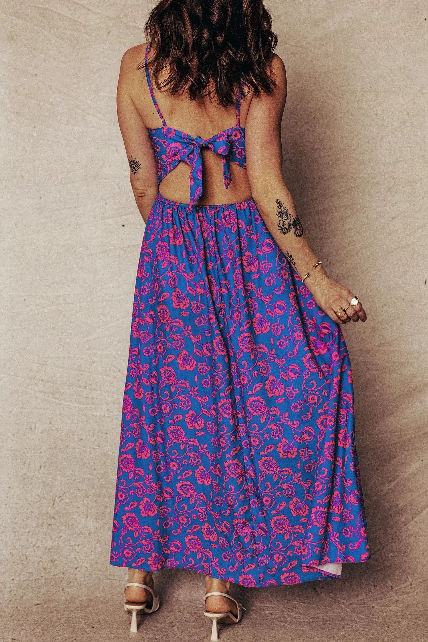 Blue Floral Print Twisted V Neck Tied Backless Maxi Dress - Sweet Fashion Wholesale