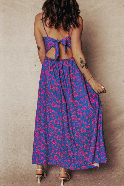 Blue Floral Print Twisted V Neck Tied Backless Maxi Dress - Sweet Fashion Wholesale