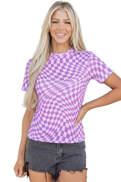 Orange Checkered Print Crew Neck Mesh T Shirt