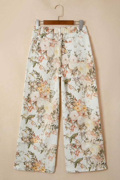 Beige Vintage Style Floral Print High Waist Wide Leg Jeans