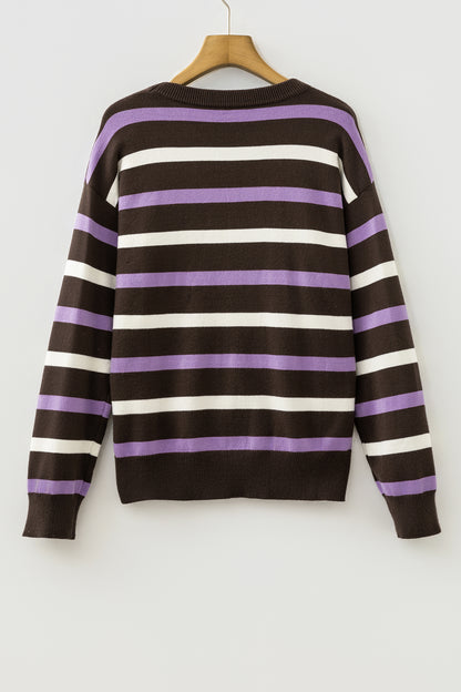 Brown Stripe Embroidered Detail Drop Shoulder Pullover Sweater