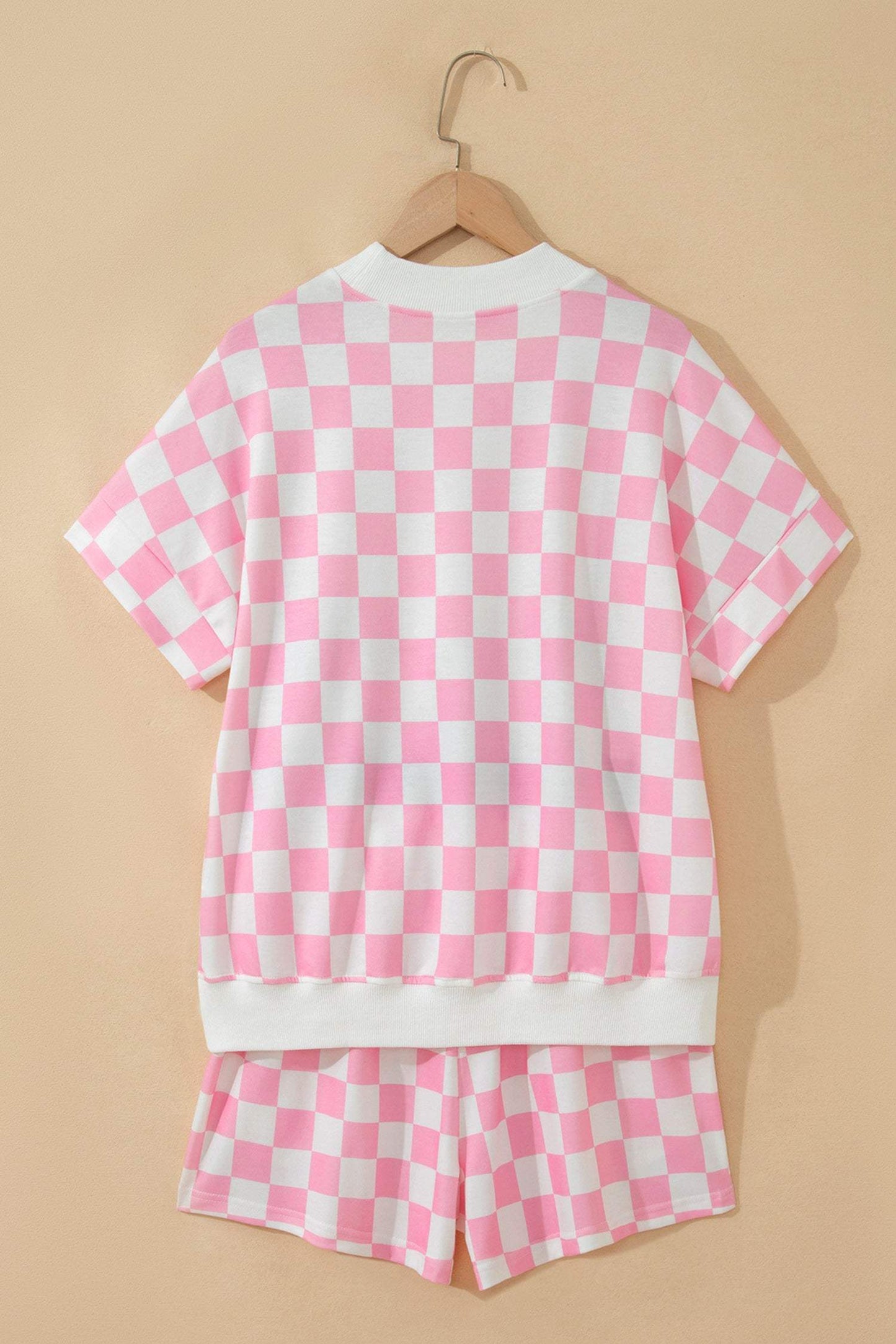 Black Checkered Print Color Block Trim Mock Neck Short Set