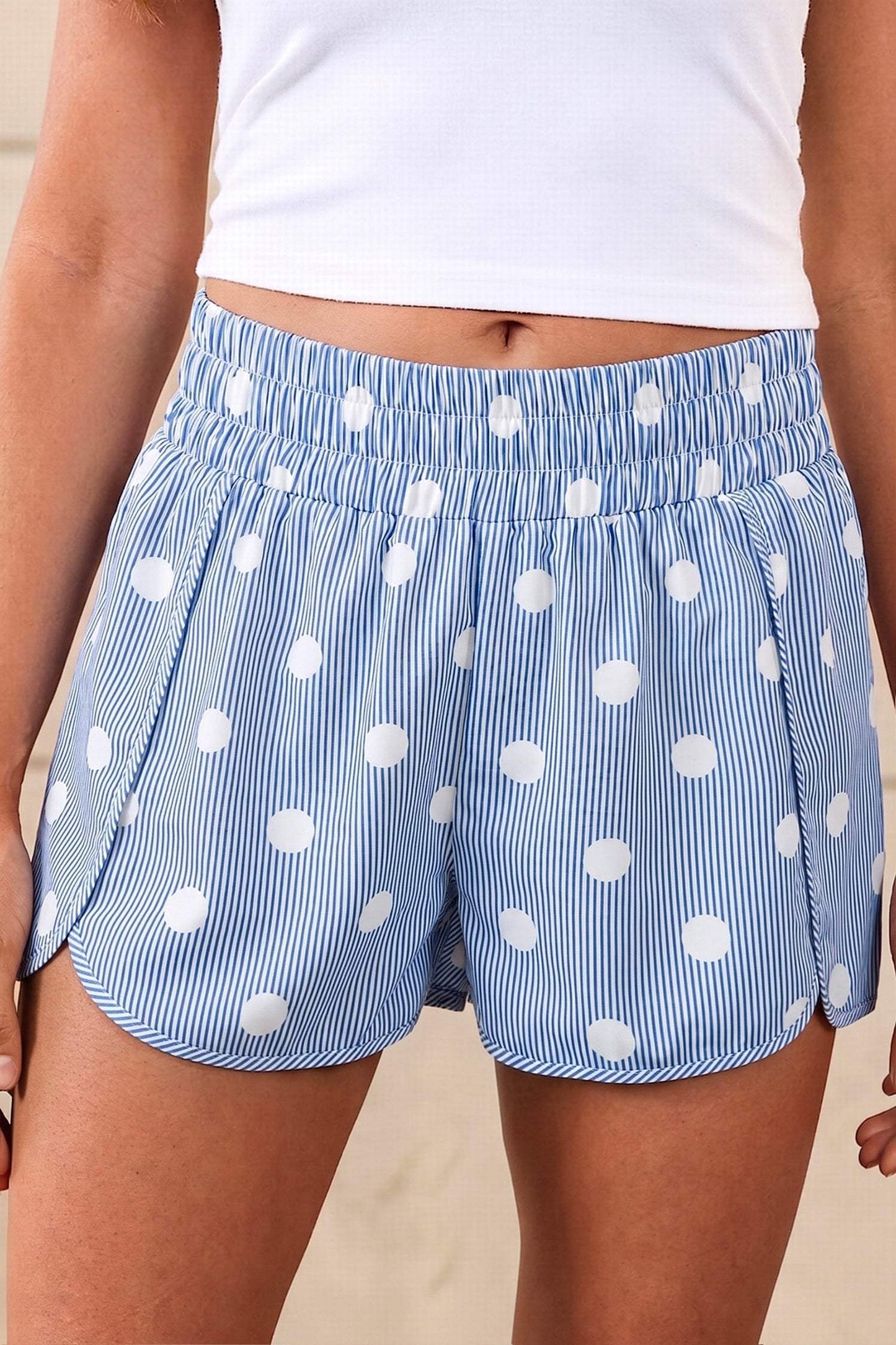 Sky Blue Polka Dot Print Shirred High Waist Casual Shorts