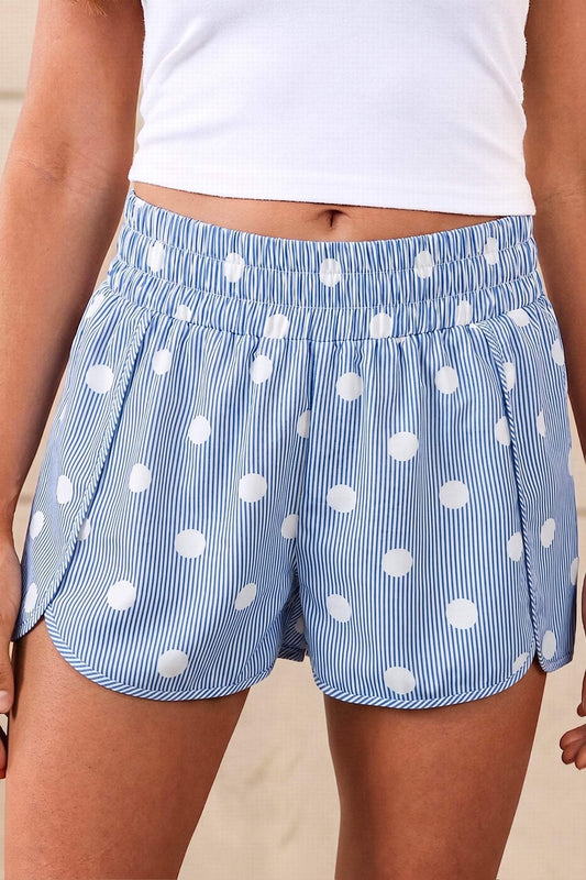 Sky Blue Polka Dot Print Shirred High Waist Casual Shorts