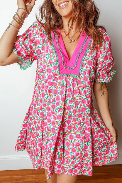 Pink Floral Print V Neck Patchwork Short Bubble Sleeve Mini Dress - Sweet Fashion Wholesale