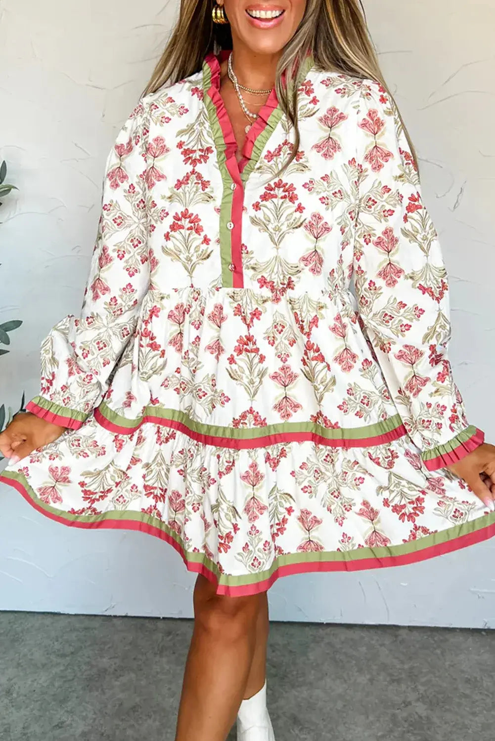 Pink Floral Print Contrast Trim Frilled Neck Long Sleeve Flared Dress - Sweet Fashion Wholesale
