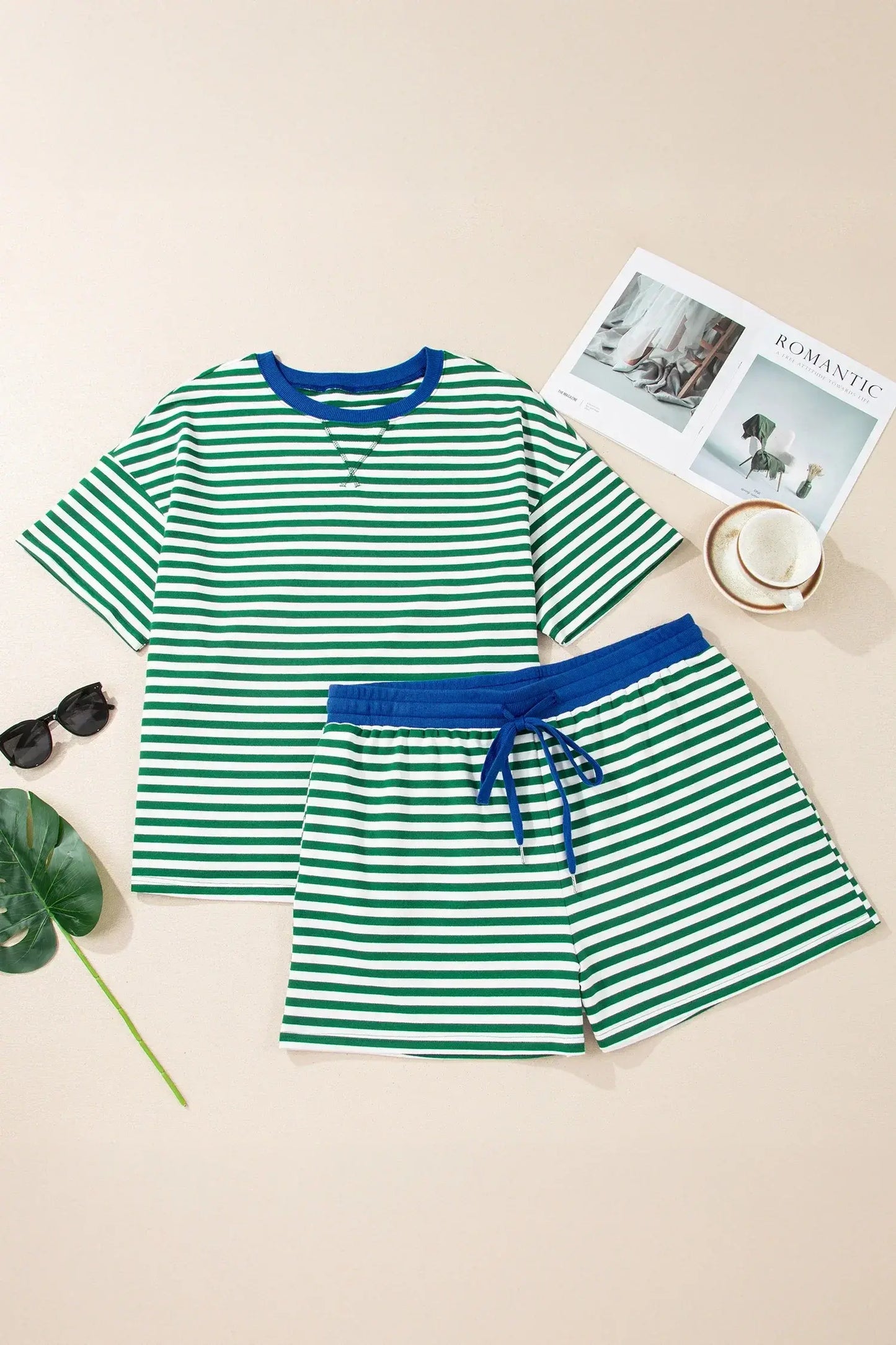 Green Stripe Boxy Tee Drawstring Elastic Waist Plus Size Short Set - Sweet Fashion Wholesale