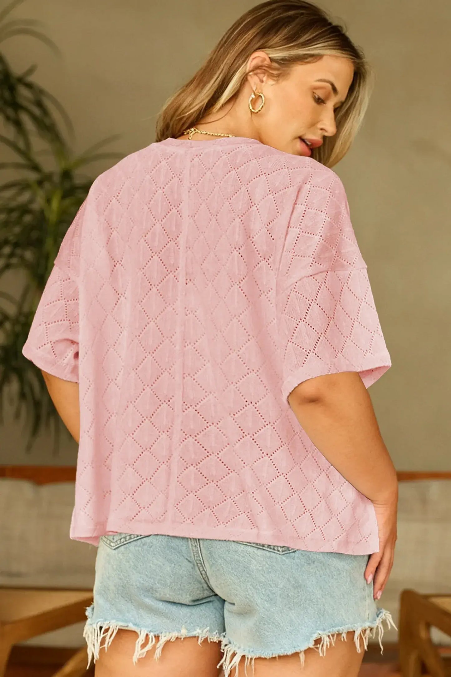 Black Pointelle Rhombus Knit Plus Size V Neck Loose Top - Sweet Fashion Wholesale