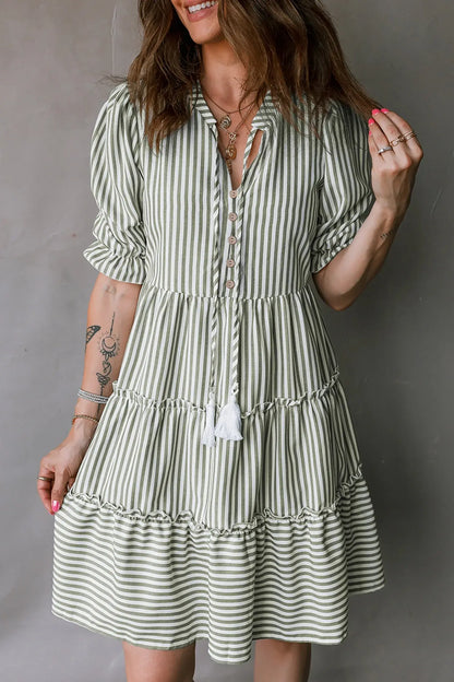 Green Stripe Tasseled Tie Neck Ruffled Short Sleeve Tiered Flattering Dress - Sweet Fashion Wholesale