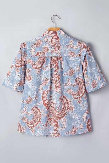 Sky Blue Boho Floral Print Scalloped Trim Button Down Short Sleeve Shirt