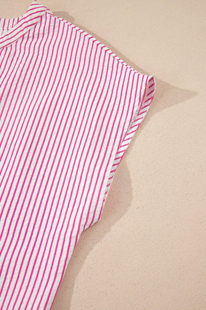 Red Stripe Frilled Detail Half Buttons Short Sleeve Long Dress