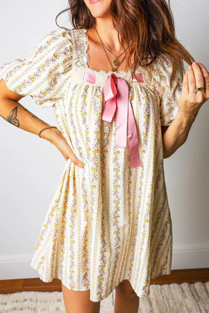 Multicolour Floral Print Contrast Ribbon Bow Lace Trim Square Neck Mini Dress