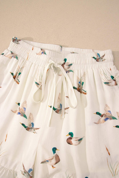 Beige Mallard Print Shirt Style Short Two Piece Set