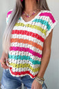 Multicolour Striped Eyelet Knit V Neck Sweater Tee