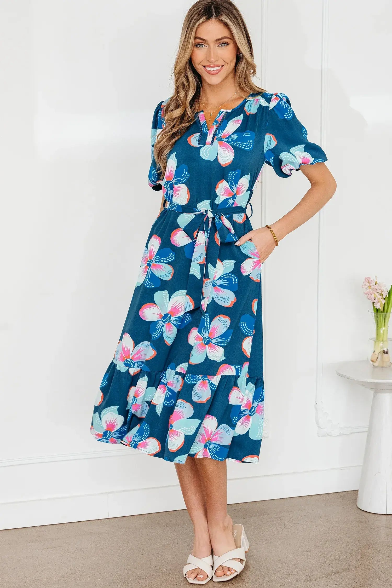 Blue Floral Print Short Puff Sleeve Ruffle Hem Belted Long Dress - Sweet Fashion Wholesale