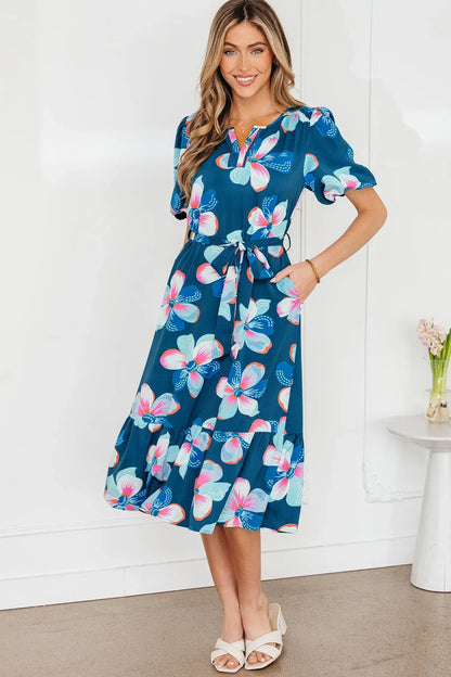 Blue Floral Print Short Puff Sleeve Ruffle Hem Belted Long Dress - Sweet Fashion Wholesale