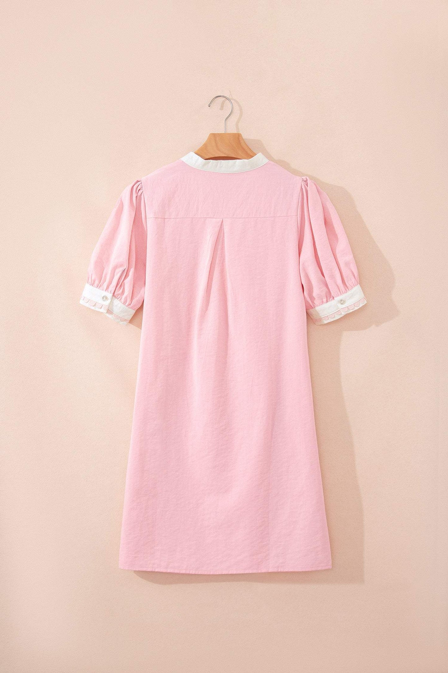 Light Pink Scallop Color Block Trim Puff Sleeve Mini Dress